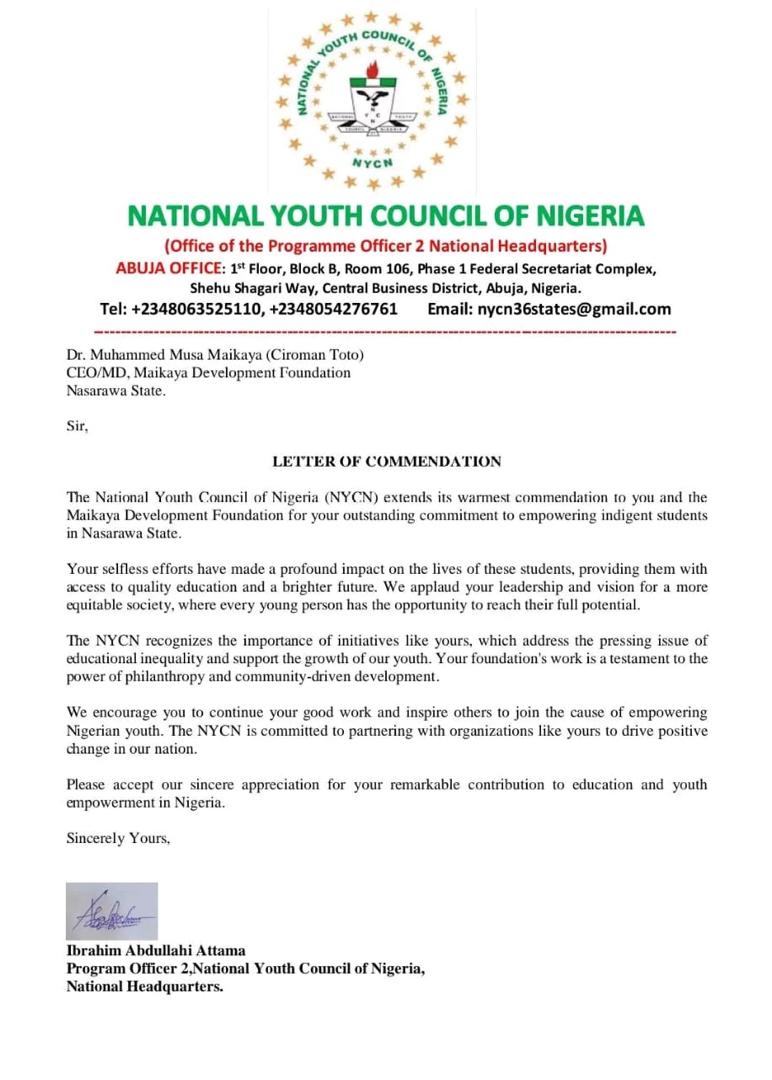 NYCN Applauds Dr. Muhammed Maikaya: Champion of Youth and Education